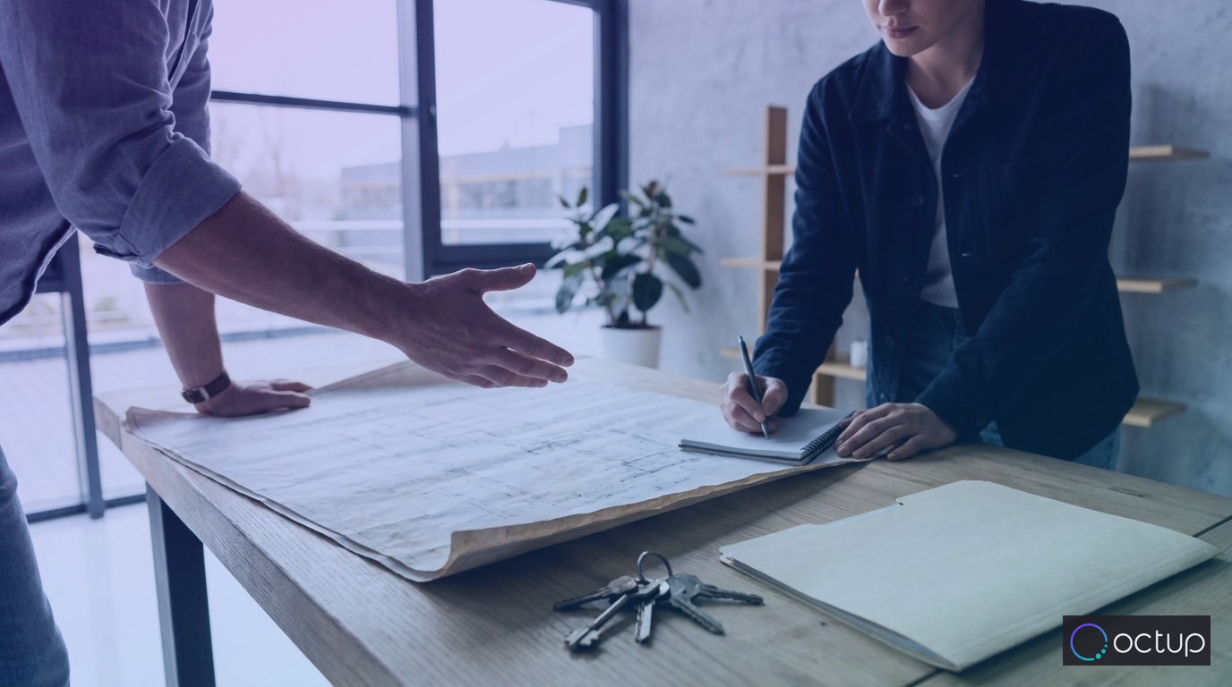 Two 3PL business founders comparing asset-based and non-asset business model options at a planning table.