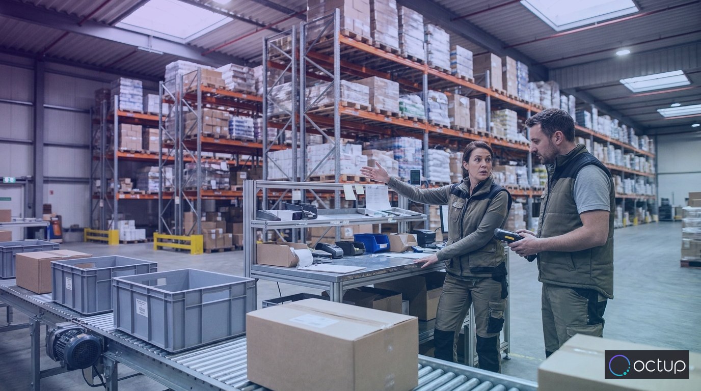 A fulfillment operations manager directing a colleague among palletized inventory in a large warehouse.