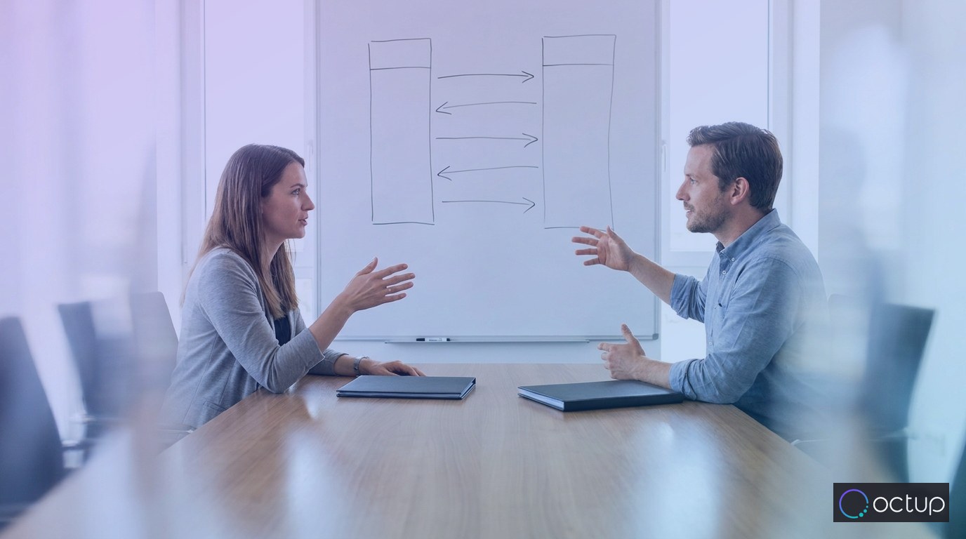 A 3PL account manager and a client representative discussing a billing discrepancy at a conference table.