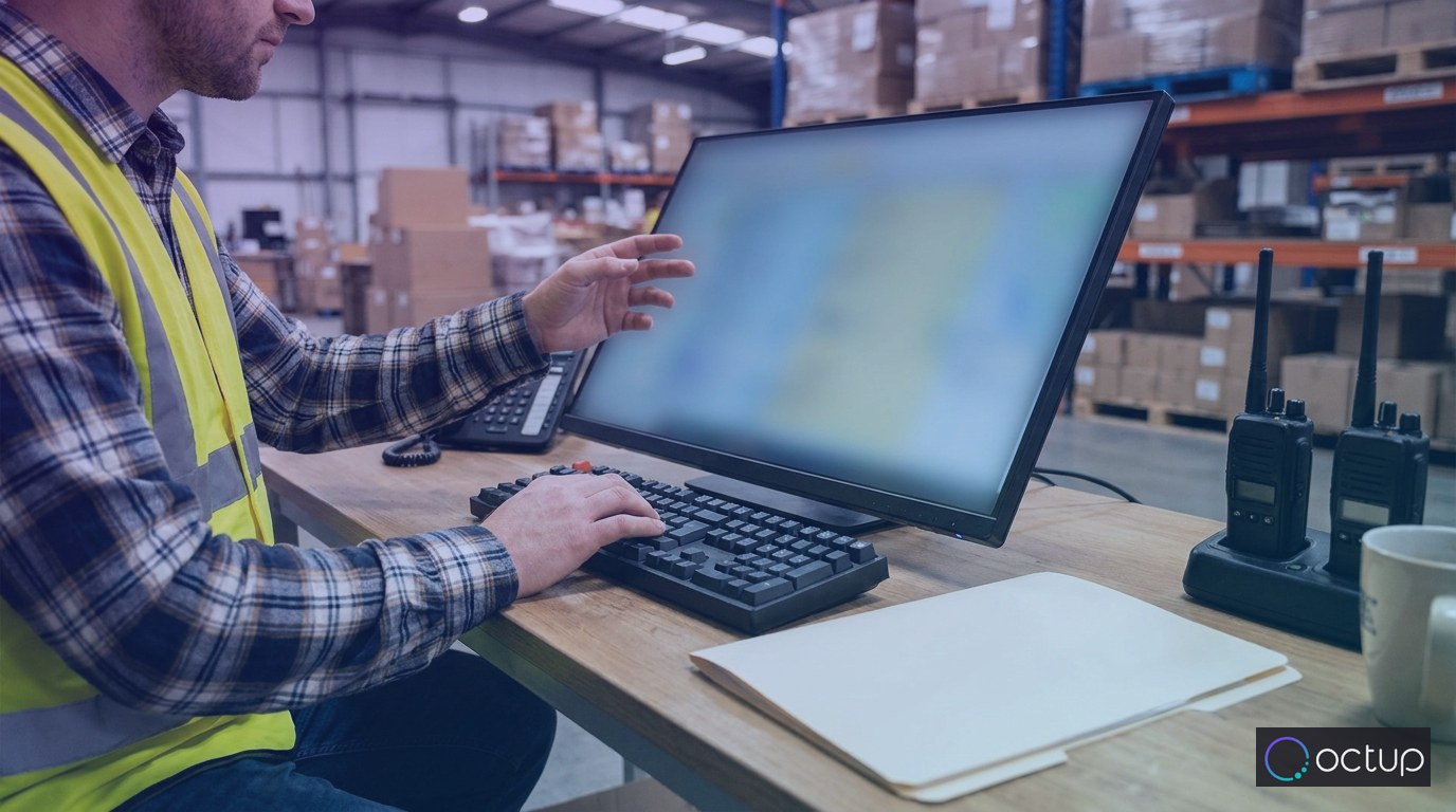 A warehouse operations technician working at a standing desk with a keyboard and out-of-focus monitor.