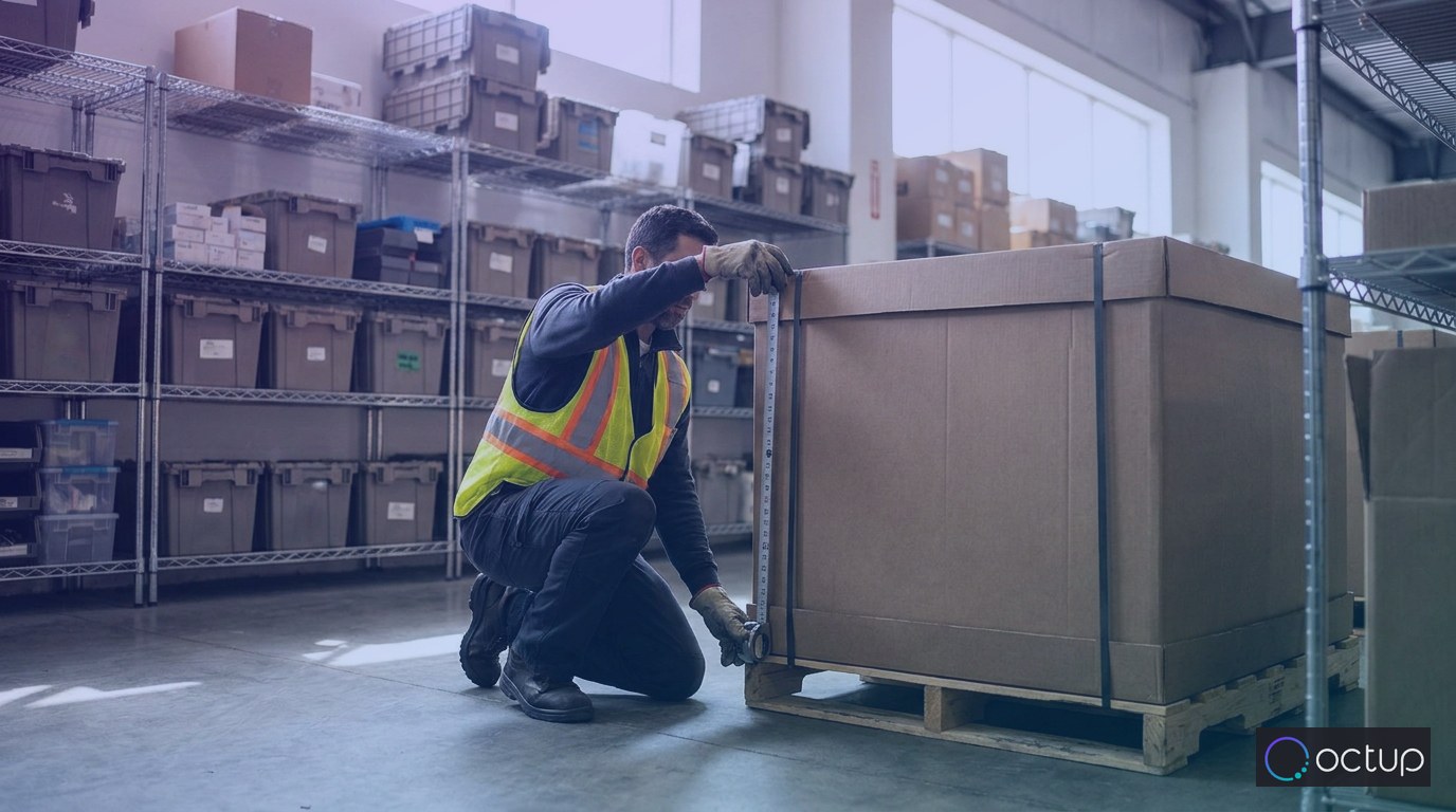A warehouse worker measuring the cubic dimensions of a large inventory carton on a pallet in a 3PL storage aisle.