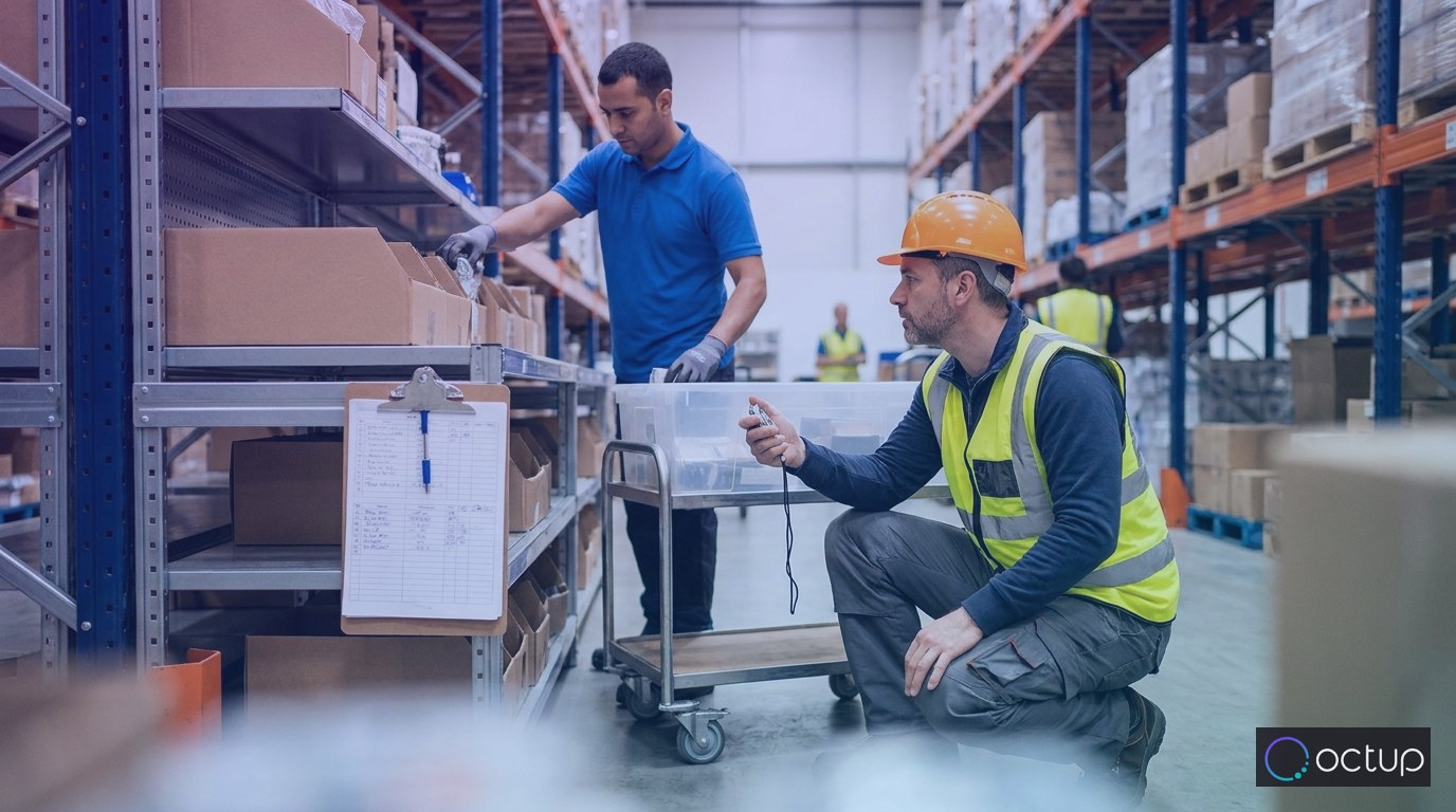 A warehouse industrial engineer conducting a time study at a pick station to measure per-activity labor costs for 3PL rate setting.