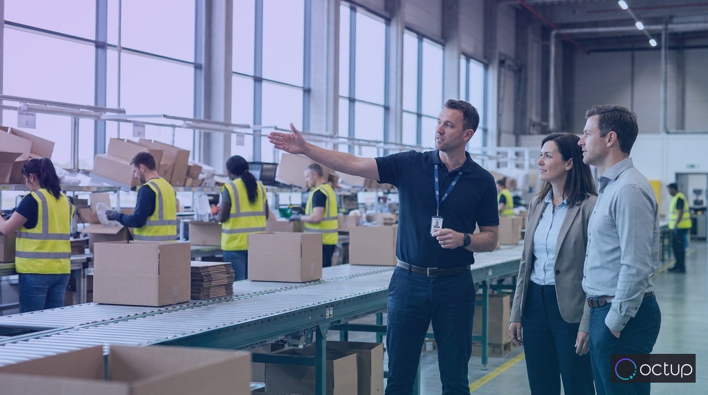 A 3PL account executive leading brand representatives on a warehouse site visit during the sales process.