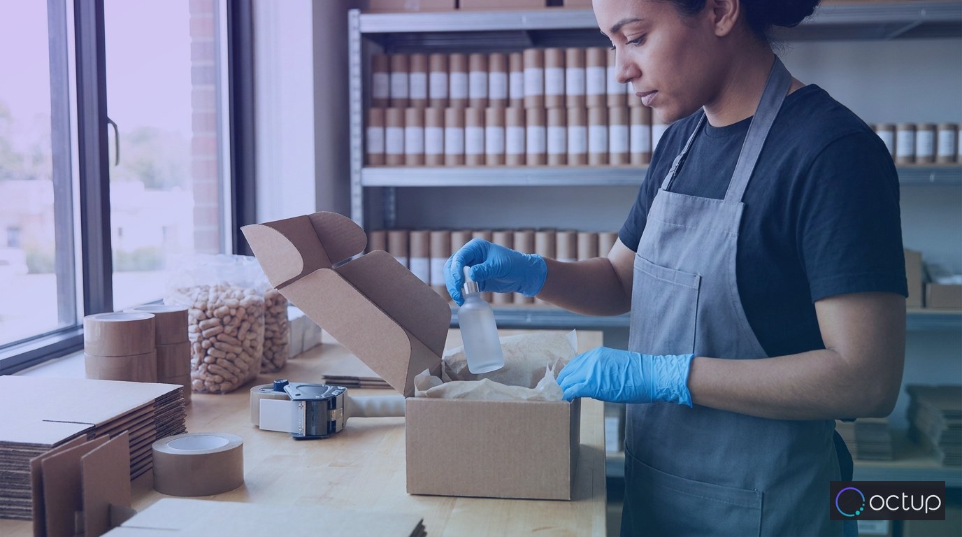 A 3PL warehouse worker performing specialized beauty product fulfillment at a custom packing station.