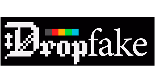 Logo with pixelated text 'Drop' followed by smooth text 'fake' and a color bar above in black background.