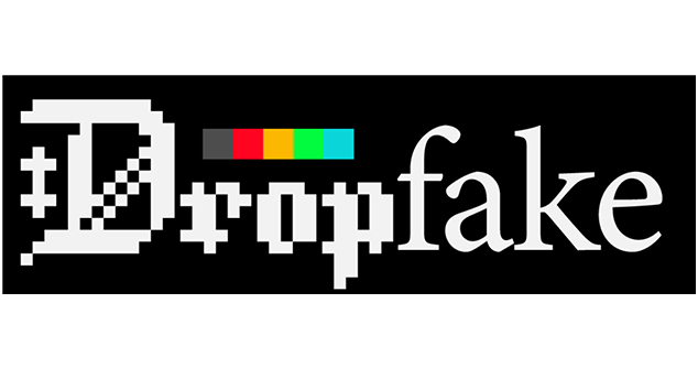 Logo with pixelated text 'Drop' followed by smooth text 'fake' and a color bar above in black background.