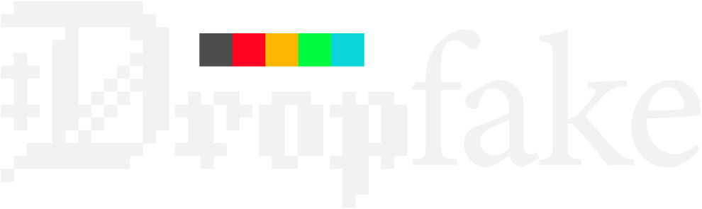 Logo with pixelated text 'Drop' followed by smooth text 'fake' and a color bar above in black background.