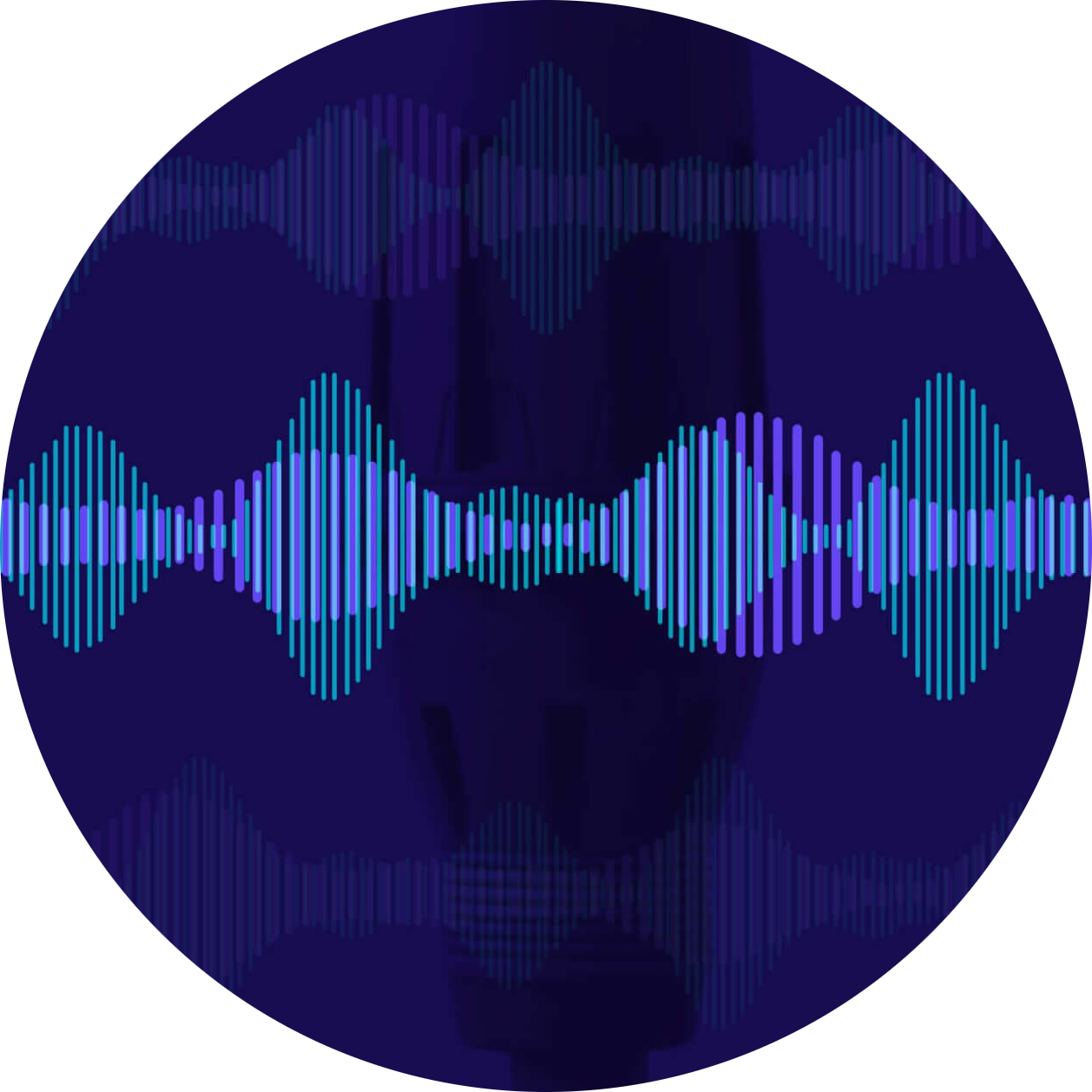 Colorful digital sound waves in blue and purple on a dark circular background.