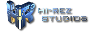 Hi-Rez Studios logo with metallic blue and gray stylized letters HR.