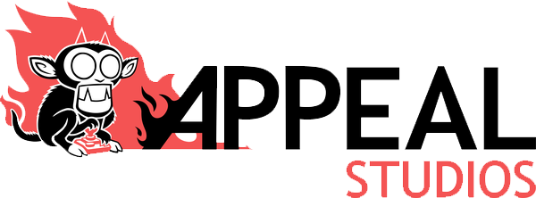Logo of Appeal Studios featuring a cartoon monkey with large eyes holding a flaming object next to the word 'APPEAL' in bold black letters and 'STUDIOS' in red.