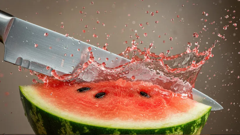 Hands holding a chocolate bar with geometric patterns near a microphone against a red background.