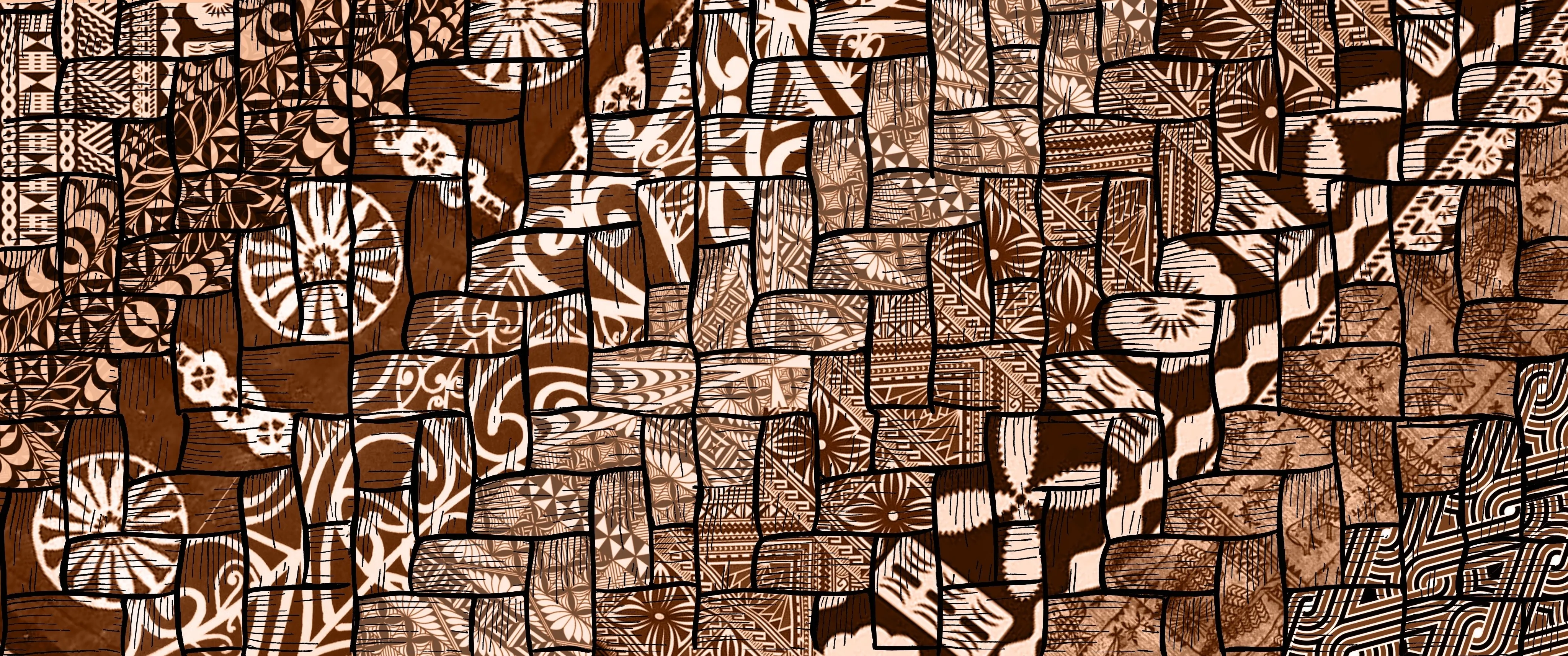 Patchwork pattern of brown and beige Polynesian tribal tattoo designs with floral and geometric motifs. By Suliana Kanongata'a