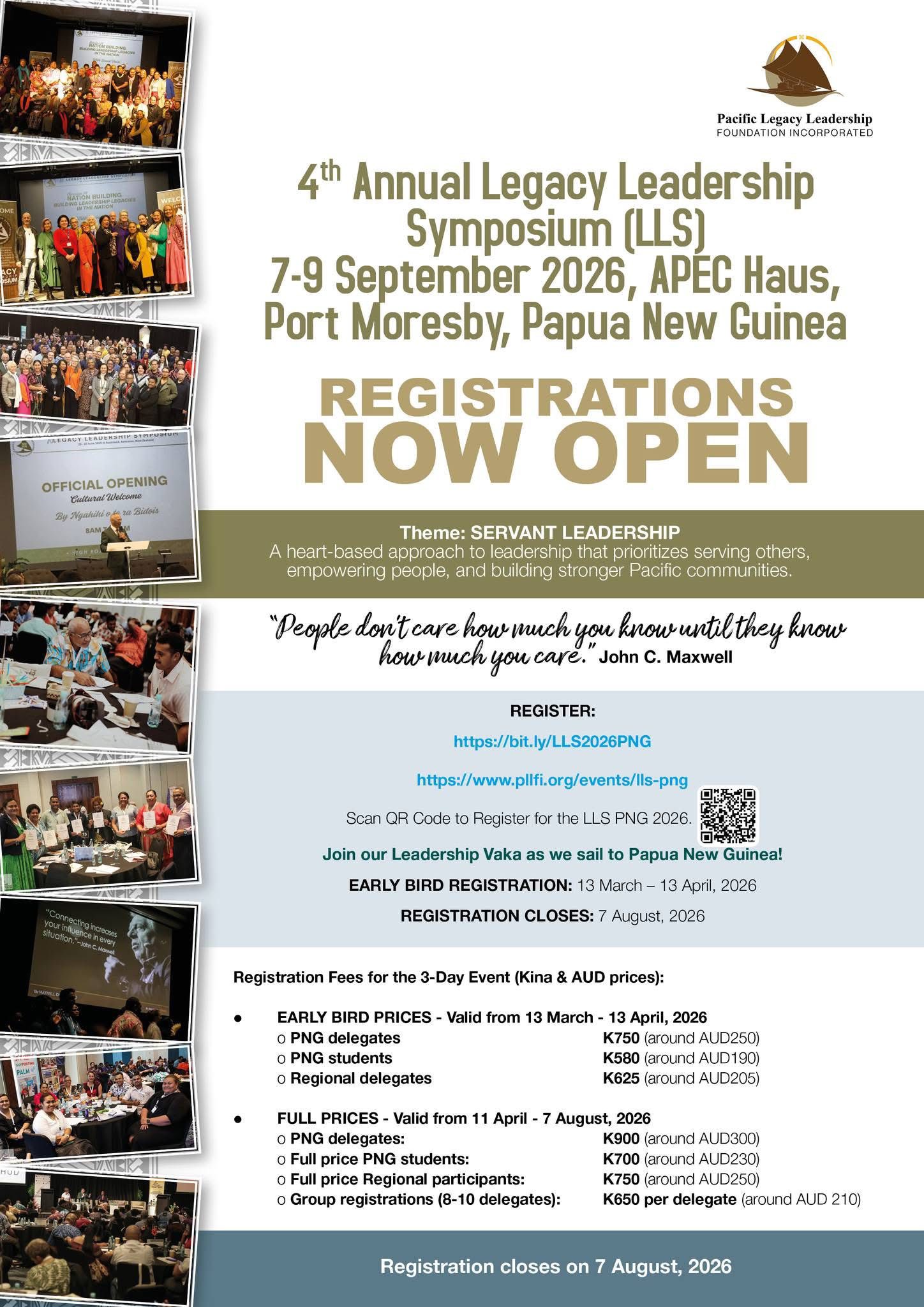 Announcement for the 4th Annual Legacy Leadership Symposium in Port Moresby, Papua New Guinea, from 7-9 September 2026, with registrations open and early bird registration from 13 March to 13 April 2026.