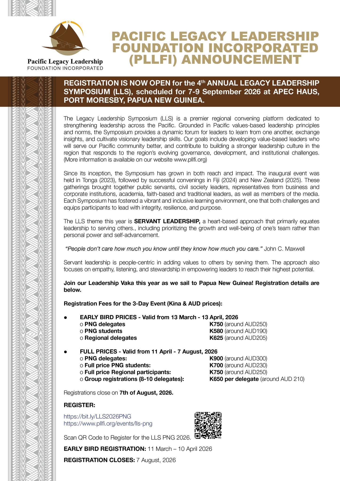 Announcement for the 4th Annual Legacy Leadership Symposium by Pacific Legacy Leadership Foundation, detailing event dates 7-9 September 2026 at APEC Haus, Papua New Guinea, registration fees in Kina and AUD, registration deadlines, theme of servant leadership, and registration links with QR code.