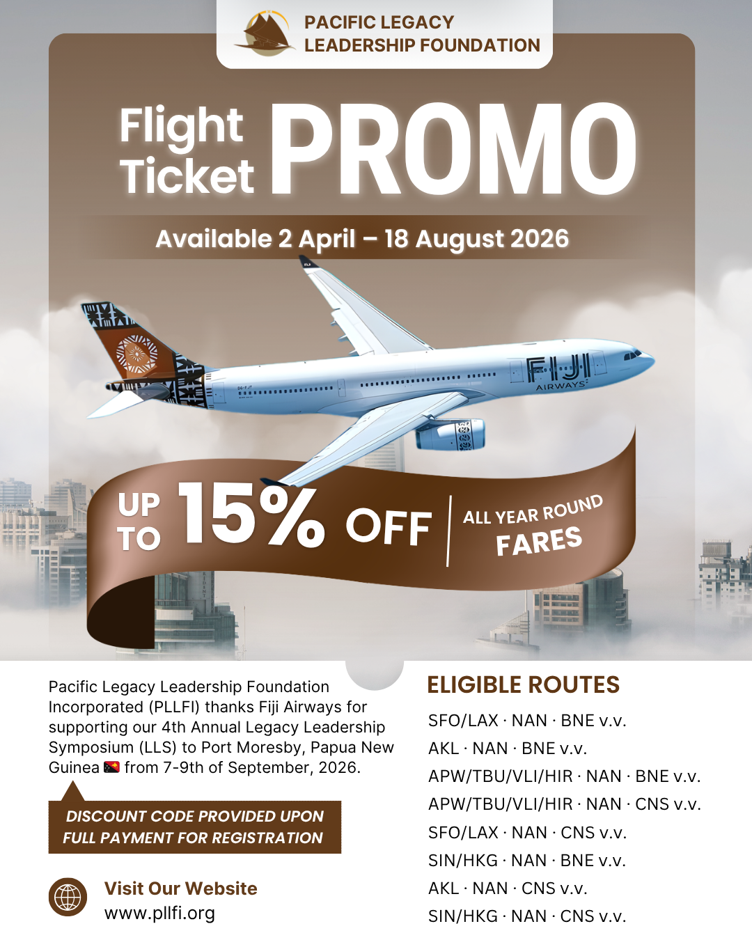 Flight ticket promo by Pacific Legacy Leadership Foundation with up to 15% off all year-round fares on Fiji Airways, valid 2 April to 18 August 2026, for eligible routes including SFO/LAX, NAN, BNE, AKL, APW, TBU, VLI, HIR, CNS, SIN, and HKG.