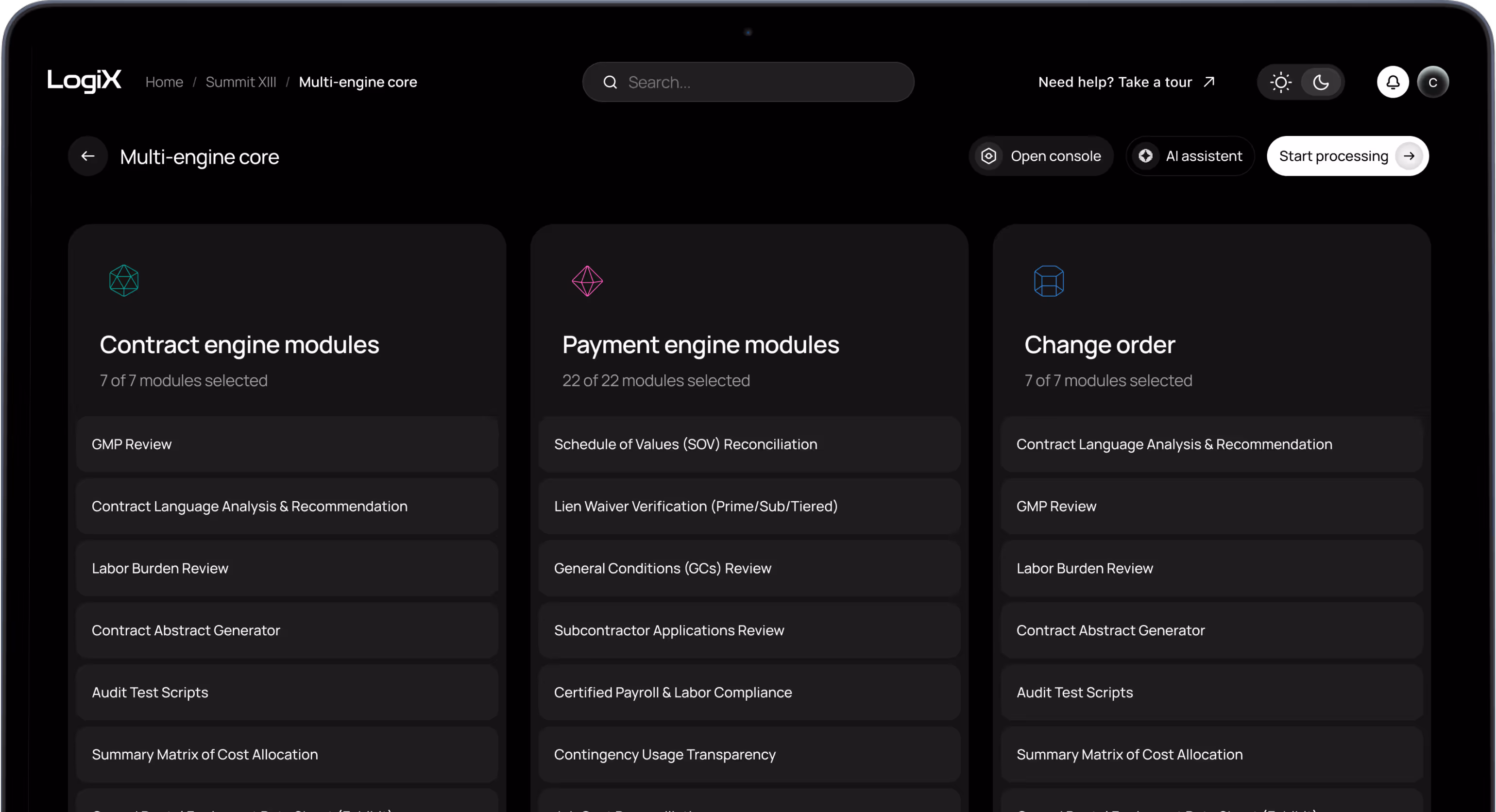 User interface displaying three dark mode panels labeled Contract engine modules, Payment engine modules, and Change order, each listing several module options with all modules selected.