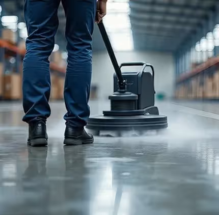 Person operating a floor cleaning machine on a warehouse floor.