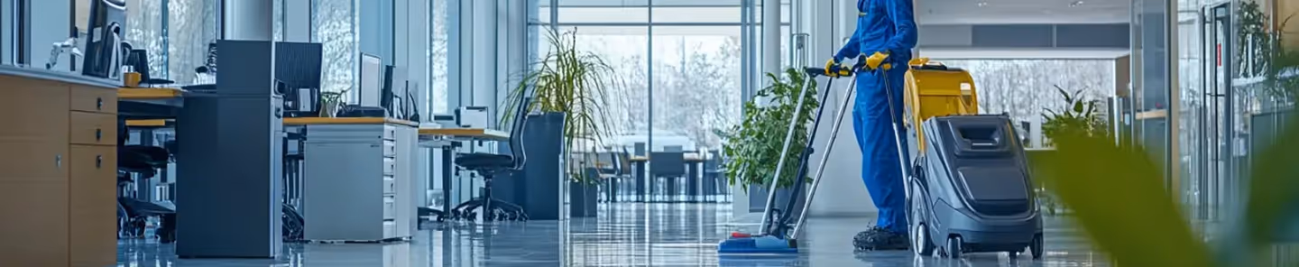 Custodian in blue uniform cleaning the floor with a mop and cleaning cart in a modern office space.