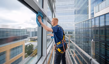 Worker wearing safety harness cleaning windows on the exterior of a high-rise building.