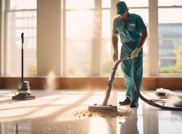 Janitor in green uniform vacuuming debris on a sunlit floor inside a building with large windows.