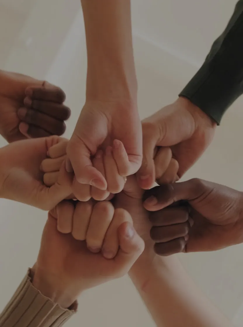 Poings fermés de personnes de différentes origines formant un cercle en signe d'unité.