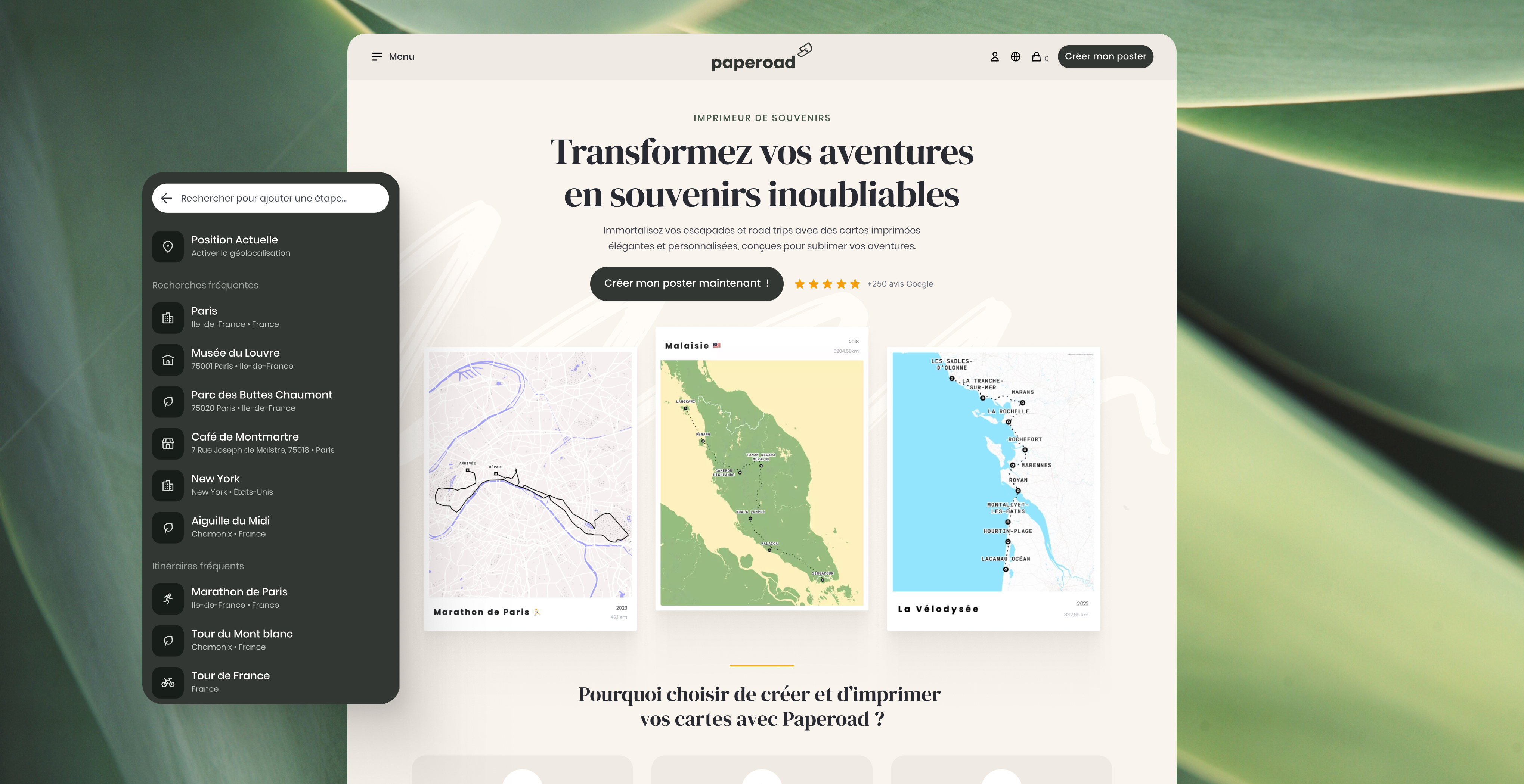 Maquette desktop montrant l'accueil du site de paperoad avec la phrase transformez vos aventures en souvenirs inoubliables