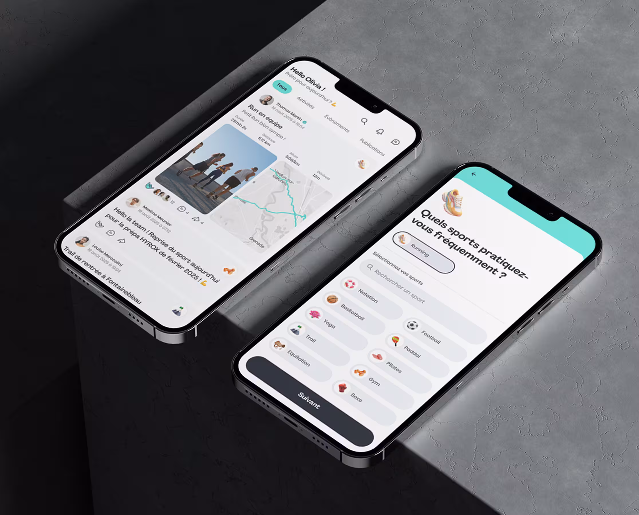 Deux smartphones affichant une application de fitness avec suivi d'entraînement et un questionnaire de préférence sportive.
