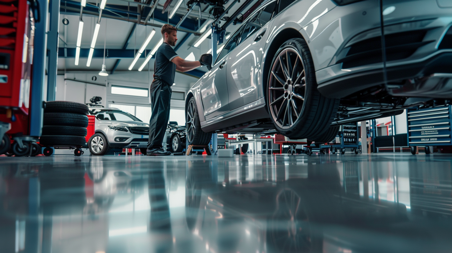 Automotive service bay with a technician working on a vehicle