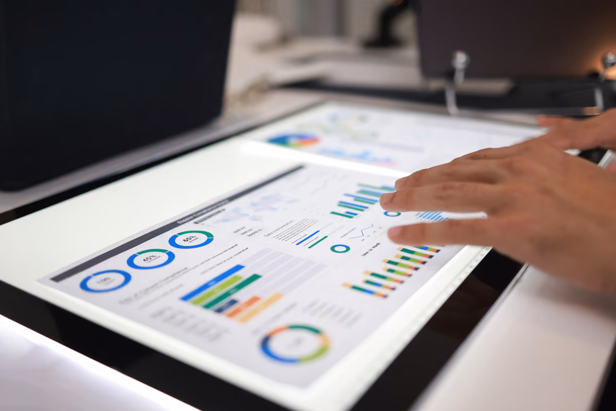 Hands interacting with a digital touchscreen displaying various colourful charts and graphs including pie charts and bar graphs.