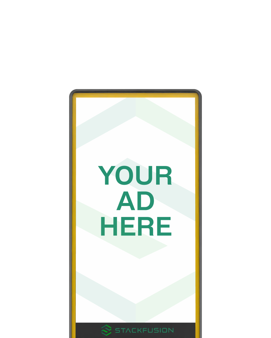 Digital advertising screen with text 'YOUR AD HERE' and the Stackfusion logo at the bottom.