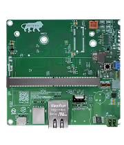Green printed circuit board with various electronic components including connectors, resistors, capacitors, and integrated circuits, featuring a white tiger logo on the top left.