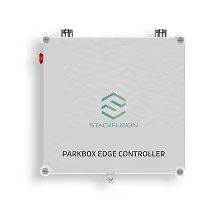 Square gray device labeled 'StackFusion Parkbox Edge Controller' with subtle hexagonal pattern background.