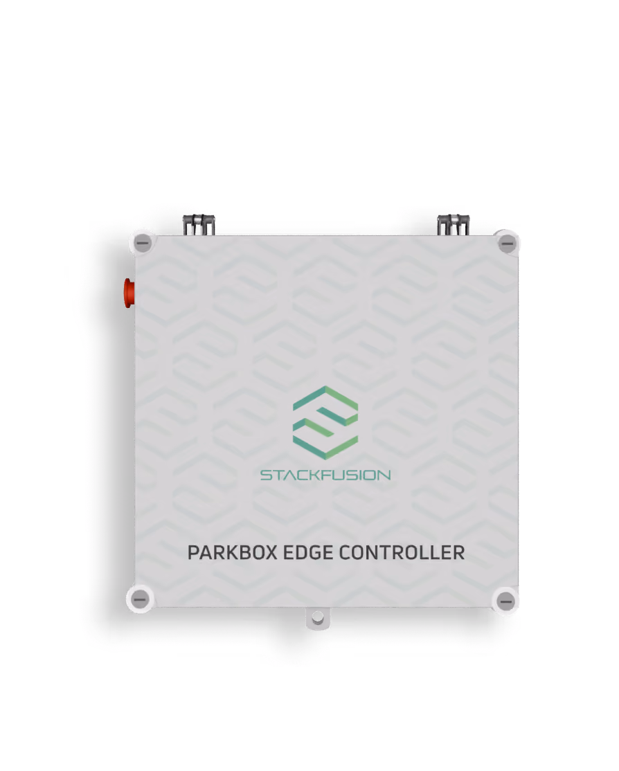 StackFusion Parkbox Edge Controller device with a gray box featuring a geometric pattern and the StackFusion logo.