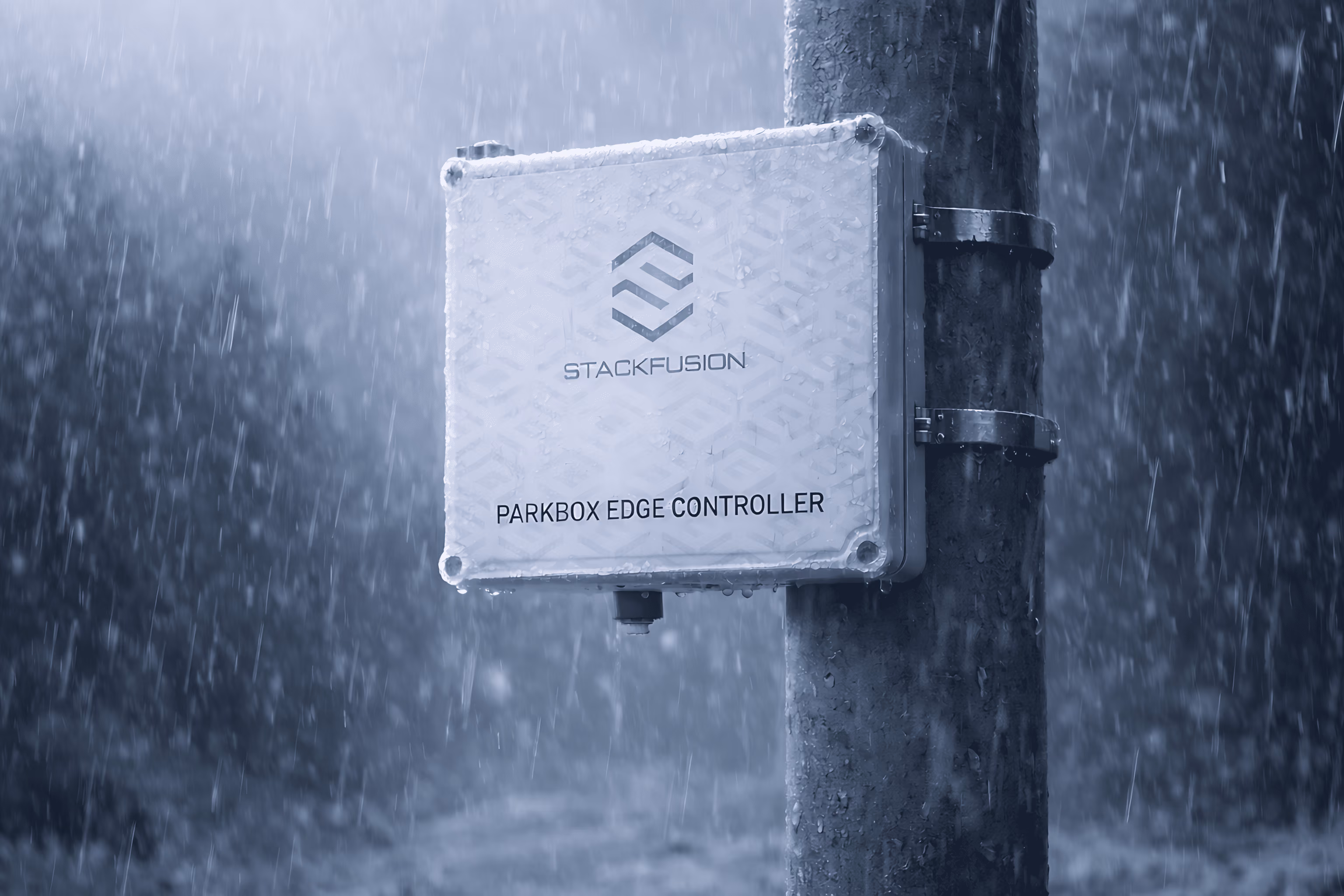 StackFusion ParkBox Edge Controller mounted on a pole outdoors in heavy rain.
