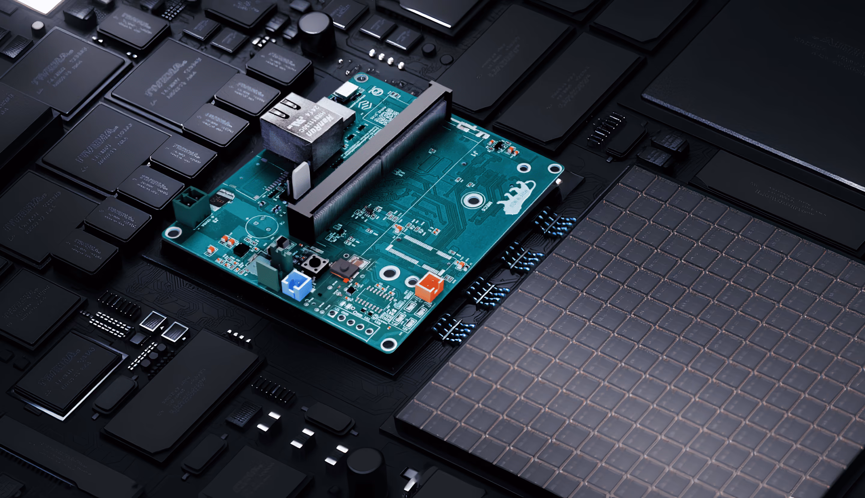 Close-up of a green printed circuit board mounted on a larger black motherboard with various electronic components.