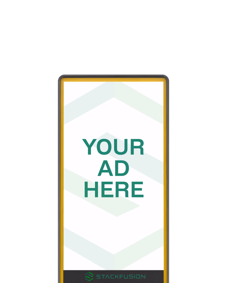 Yellow-framed digital display board with text 'YOUR AD HERE' and Stackfusion logo at the bottom.