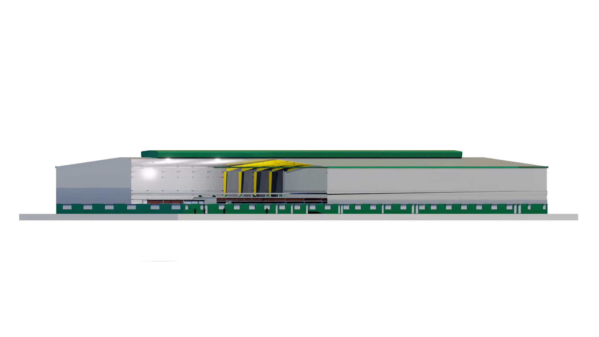 Large green industrial storage tank with a concrete base and visible pipes on top, isolated on white background.