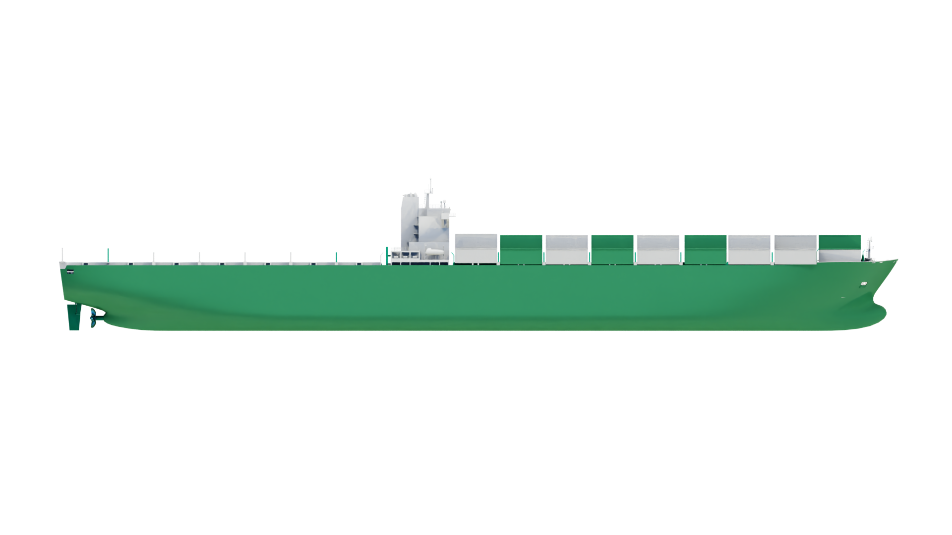 Cargo ship loaded with stacked shipping containers on a green hull, isolated on white background.