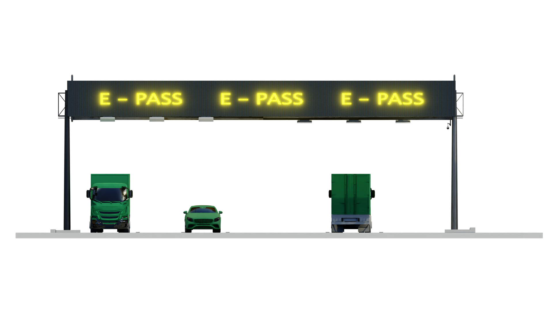 Two green trucks stopped at toll booths with red X signals above each lane.