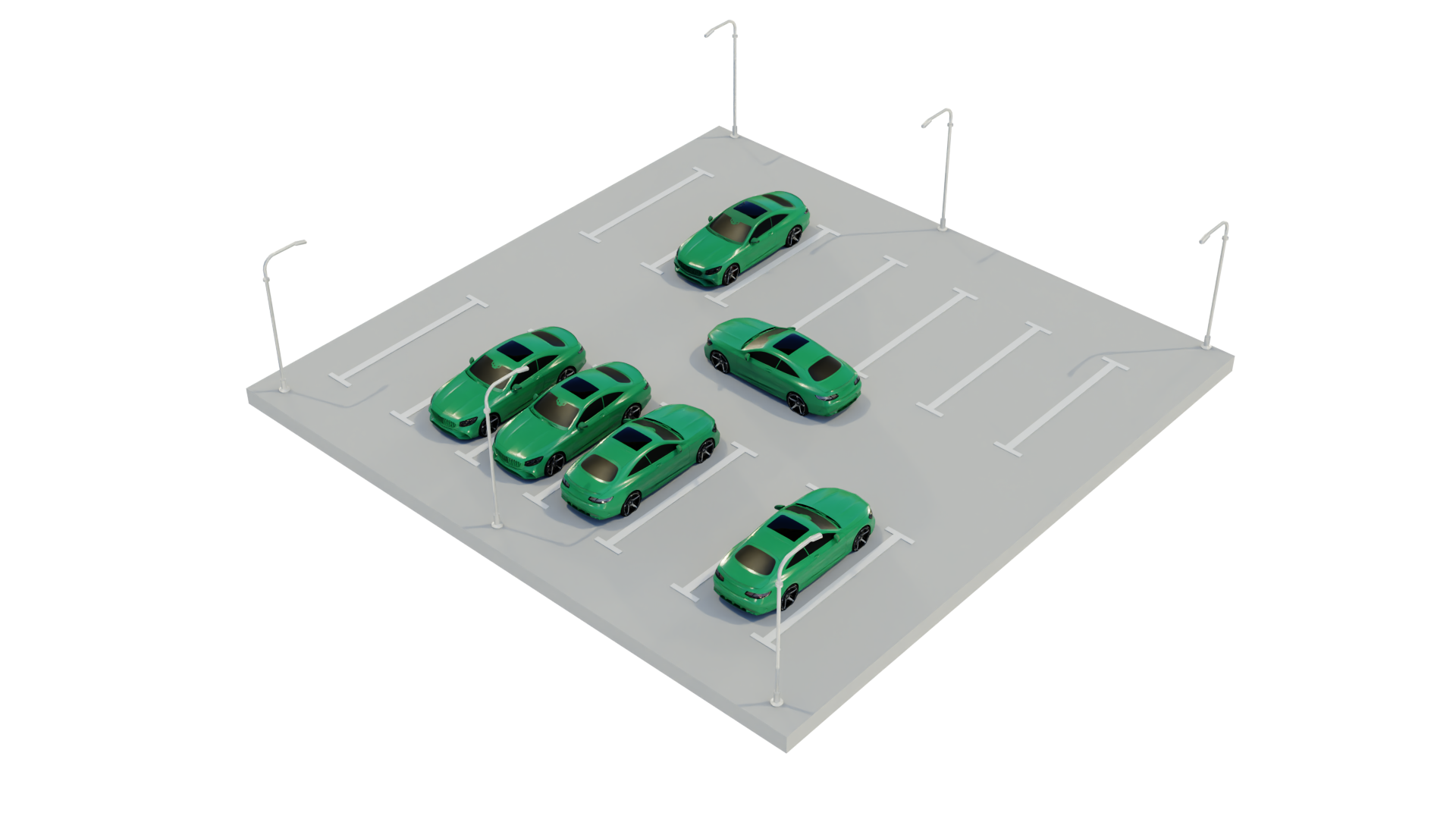 Small parking lot illustration with six green cars parked and one car entering, marked with parking spaces and lamps.