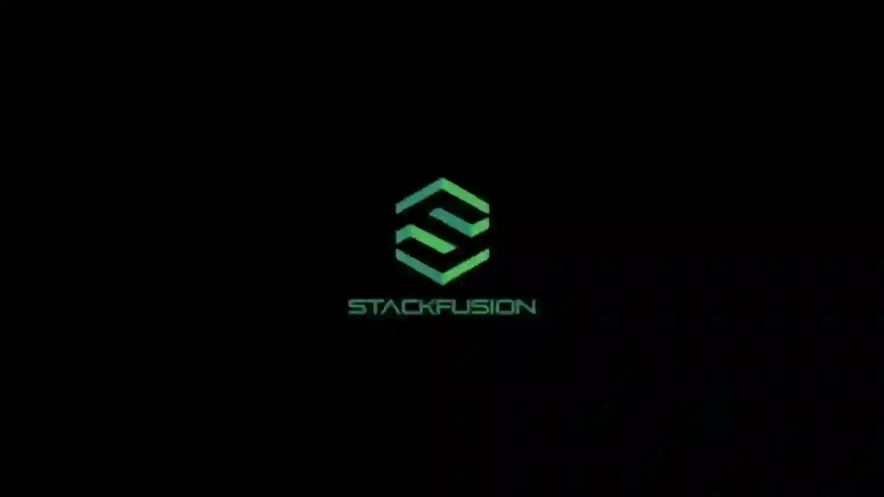 Green StackFusion logo with a hexagonal shape and connected lines on a black background.
