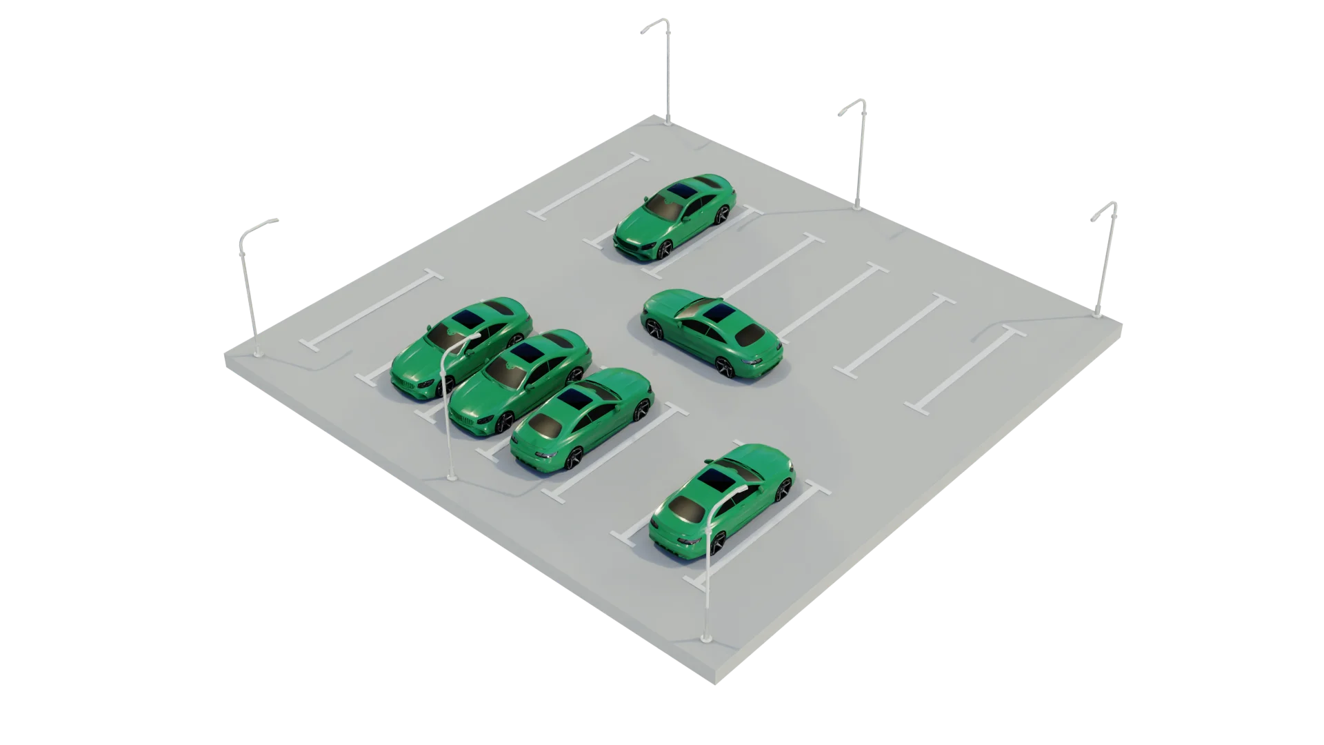 Small parking lot with six green cars parked in marked spots and seven empty spaces under streetlights.
