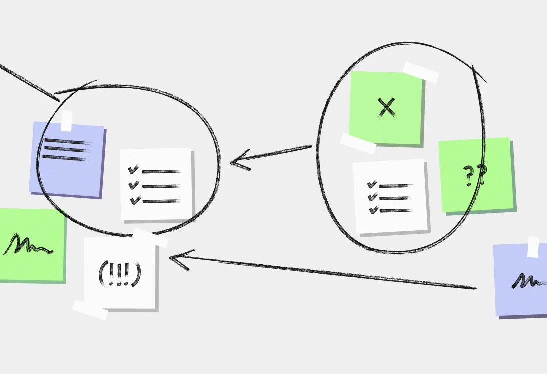 Hand-drawn circles and arrows connect colored sticky notes and checklist papers with checkmarks, question marks, and an X on a light background.
