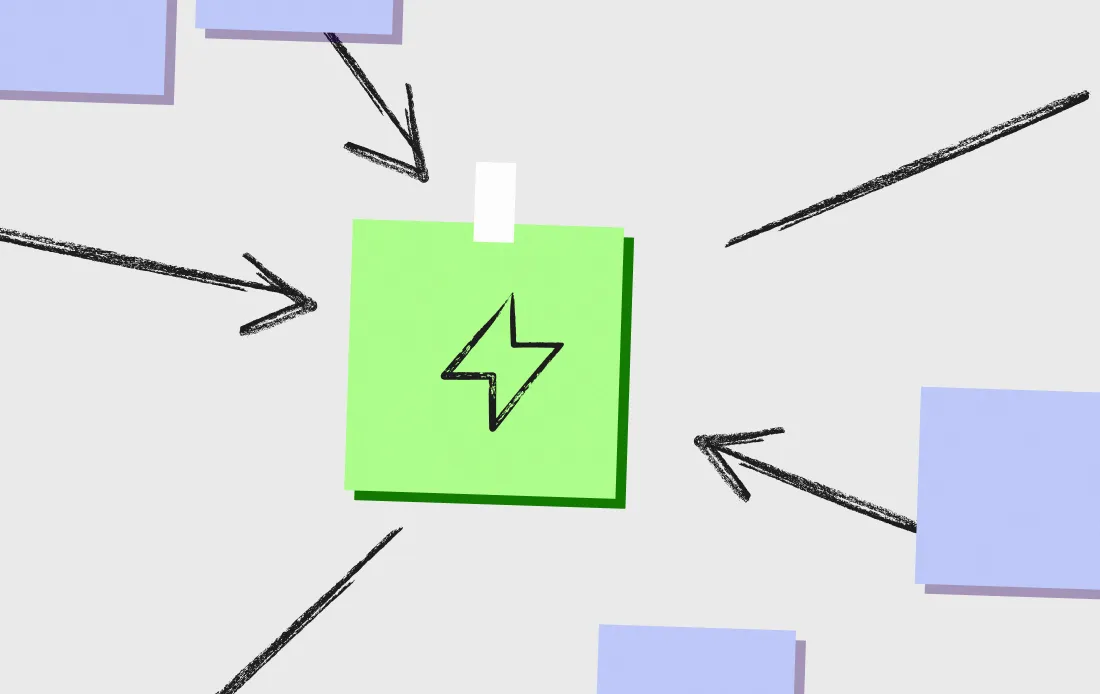 Green sticky note with a black lightning bolt icon in the center, surrounded by black arrows pointing towards it from blue sticky notes.