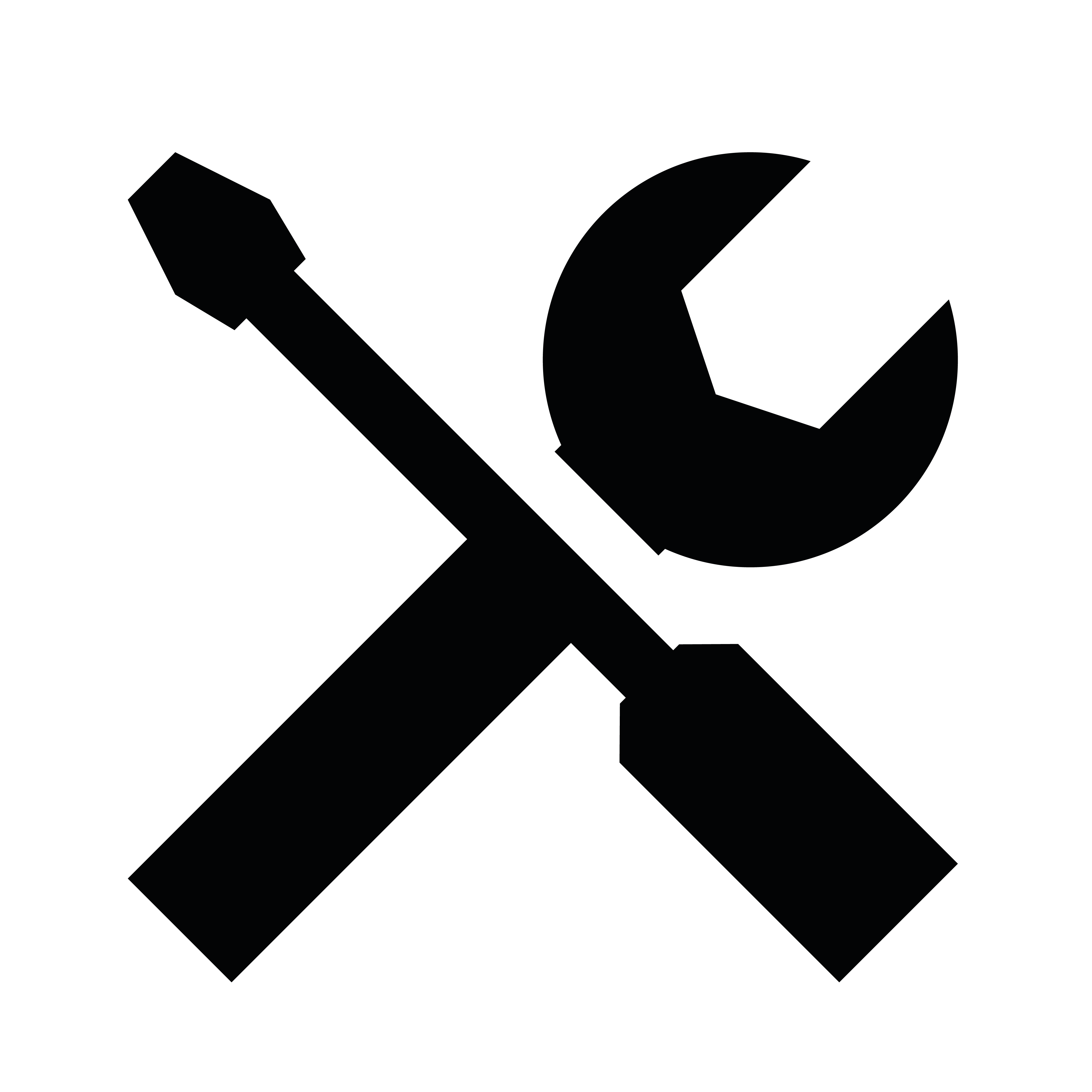 Schwarzes Symbol mit gekreuztem Schraubenzieher und Schraubenschlüssel auf weißem Hintergrund.