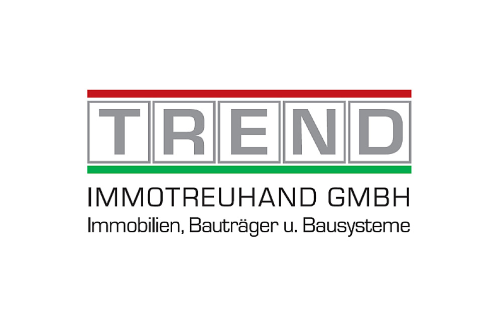 Logo von TREND IMMOTREUHAND GMBH mit den Worten Immobilien, Bauträger und Bausysteme darunter, eingerahmt von roten und grünen Linien.