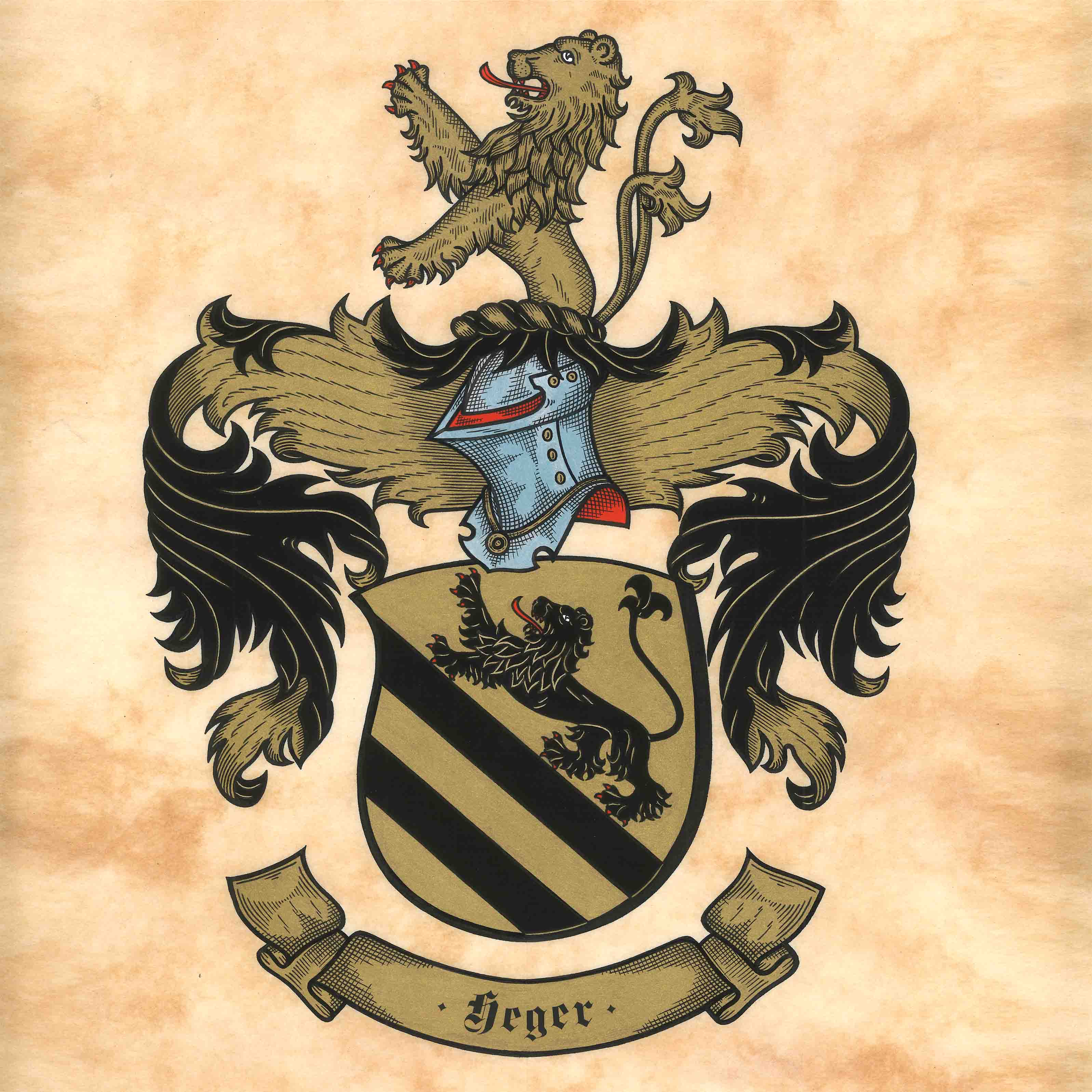 Wappen mit einem goldenen Schild, zwei schwarzen schrägen Streifen und einem schwarzen Löwen, der nach rechts zeigt, darüber ein Ritterhelm mit einem goldenen Löwen als Helmzier und der Schriftzug ‚Heger‘ auf einem Banner.