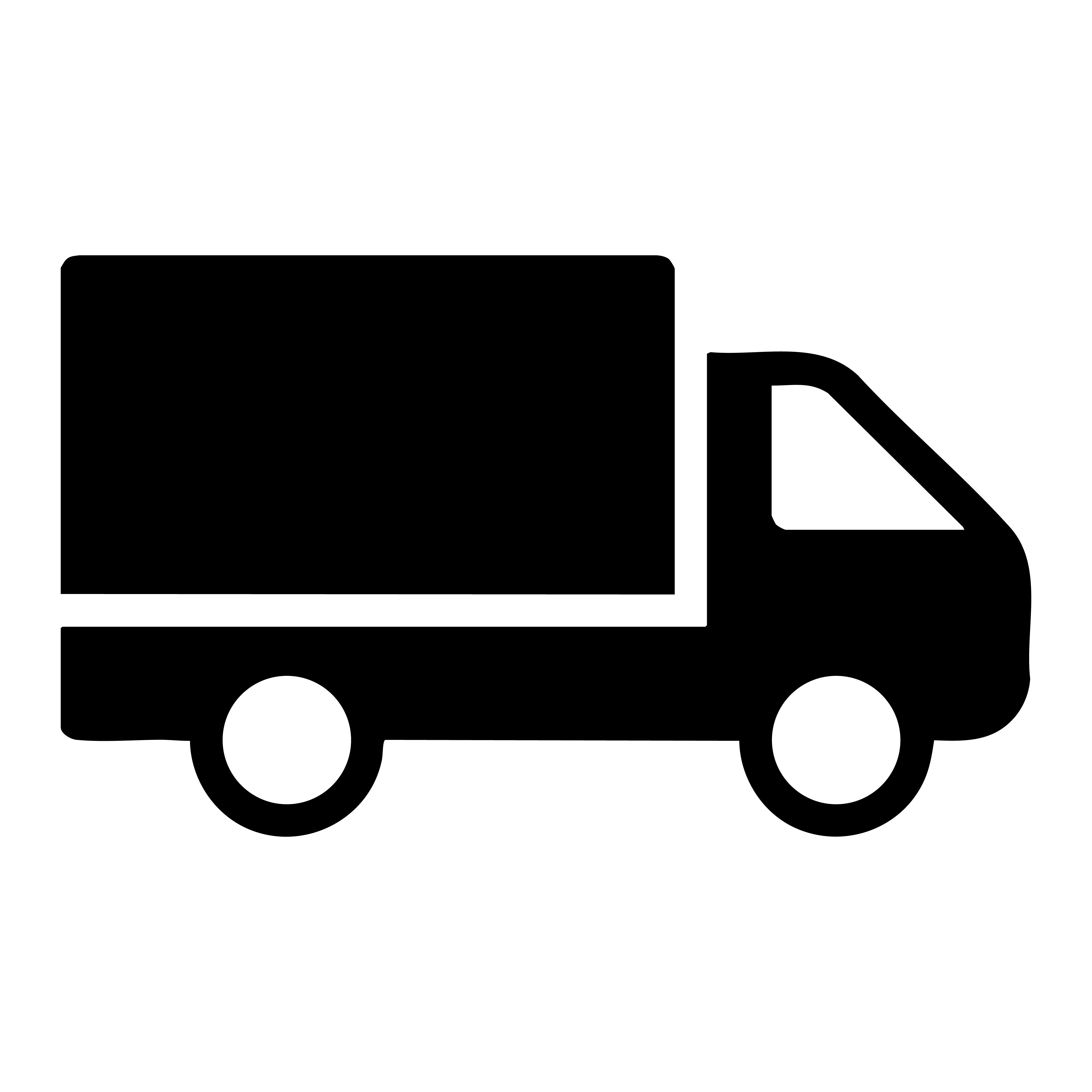 Schwarzes LKW-Symbol mit Anhänger auf weißem Hintergrund.