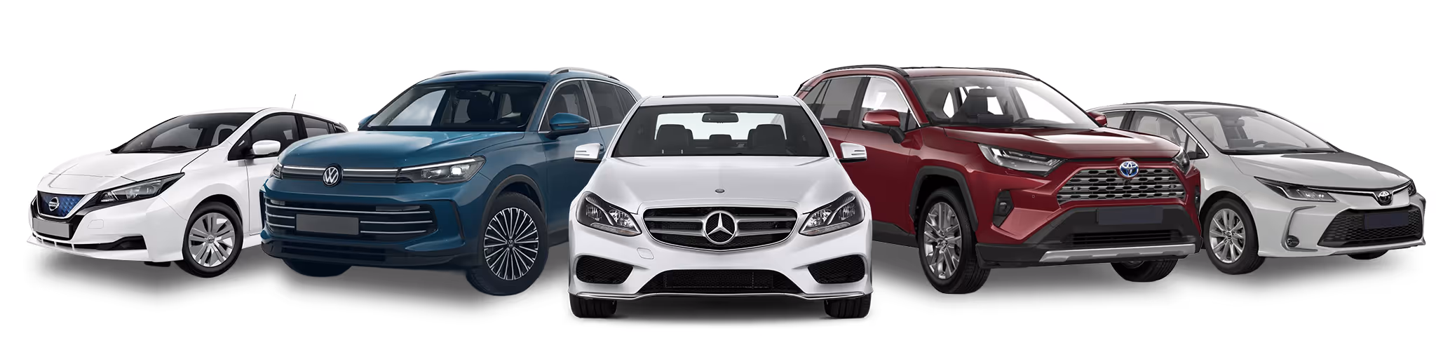 П’ять автомобілів різних марок: Nissan, Volkswagen, Mercedes-Benz, Toyota RAV4 і Toyota Corolla.