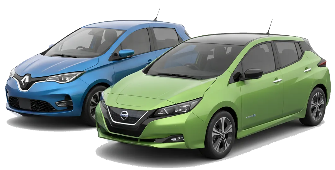 Зелений електромобіль Nissan Leaf і синій Renault Zoe, припарковані поруч.